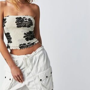 Free People Cream Tube Crop Top with Black Floral Print